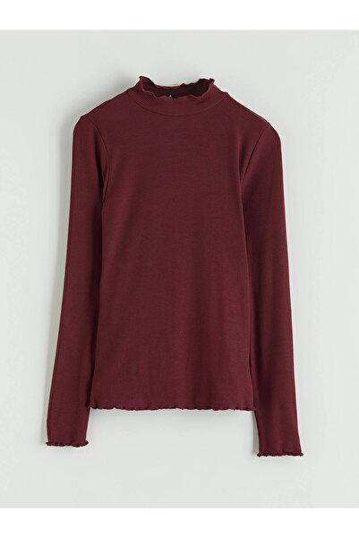 LC Waikiki Lcw Modest Burgundy Ruffled Mock Neck Women's Bodysuit