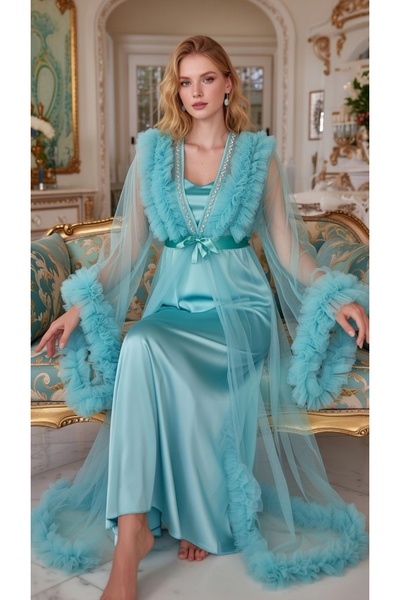 bigmama Bridal Nightgown Set Luxurious Long Satin Nightgown and Ruffled Tulle...