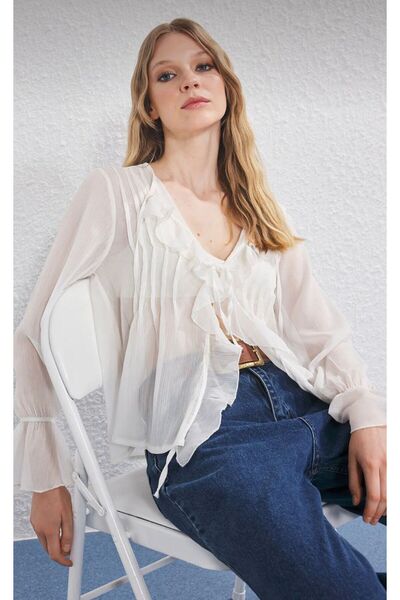 marvion Kadın Beyaz Boho Fırfır Detaylı Şifon Lastik Detaylı Gömlek