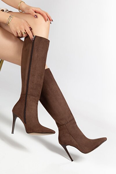 Zerenyus Exi̇n-226 Premium Brown Suede Zippered Elastic Thin High Heeled Wome...