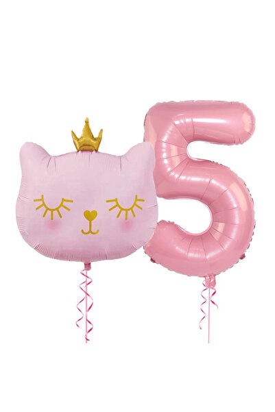 Bunloon 5 Yaş Retro Pembe Rakam Kedi Kafa Folyo Balon Set Parti Süsleme