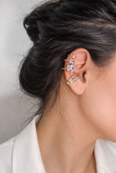 Kare Zirkon Taşlı Kıkırdak Küpe (Ear Cuff) ve Küpe Seti – Gold Çelik Kararmayan Model