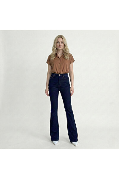 Kadın Lacivert Yüksek Bel İspanyol Paça Denim Pantolon