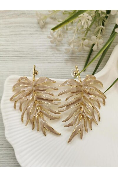 Halley Concept Cream Color Enamel Gold Detailed Leaf Earrings