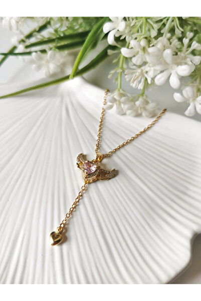 Halley Concept Pink Heart Angel Wing Steel Necklace Gold