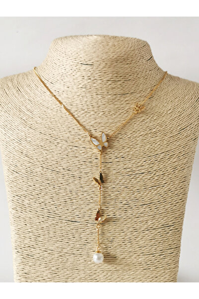 Halley Concept Long Steel Necklace with Pearl End and Butterfly Detail