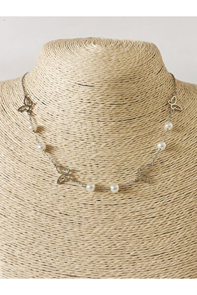 Halley Concept Pearl Detailed Butterfly Steel Chain Necklace