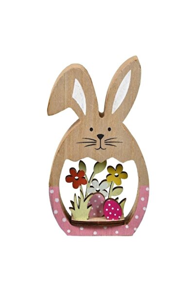 OEM Decorațiune de Paște, Iepuraș din lemn în ou roz cu flori, 15 cm