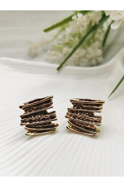 Halley Concept Gold Detailed Asymmetrical Pearlescent Brown Earrings