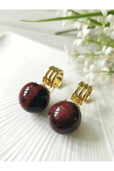 Halley Concept Gold Detailed Burgundy Ball Dangle Earrings
