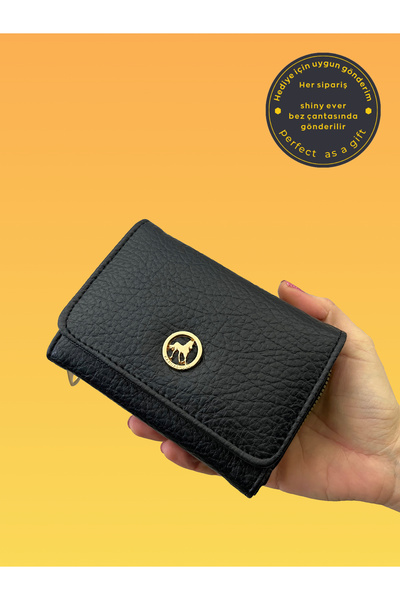 shiny ever Текстуриран черен кожен дамски портфейл със златни детайли