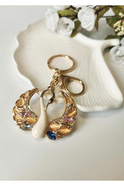 Halley Concept Stone Detailed Swan Figured Keychain Bag Accessory Charm