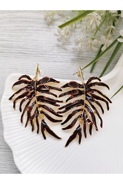 Halley Concept Burgundy Enamel Gold Detailed Leaf Earrings