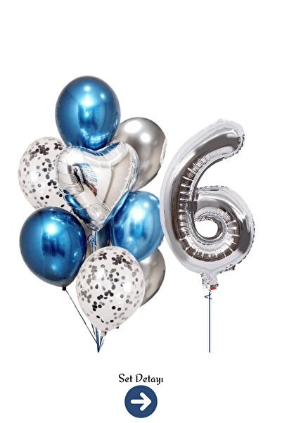 Bunloon 6 Yaş Gümüş Rakam Mavi Gümüş Balon Set Parti Süsleme