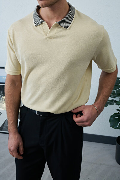 duo fideles Buttonless Polo Collar Textured Fabric Regular Fit Plain T-Shirt