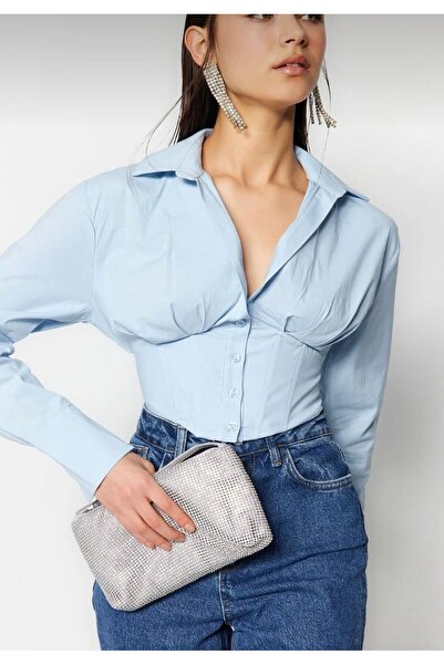 marvion Kadın Mavi Crop Astarlı Korse Detaylı Dokuma Poplin Gömlek