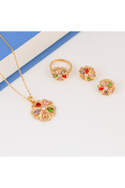 Generic طقم زهرة الألوان طقم ذهبي ناعم لايسبب الحساسيه