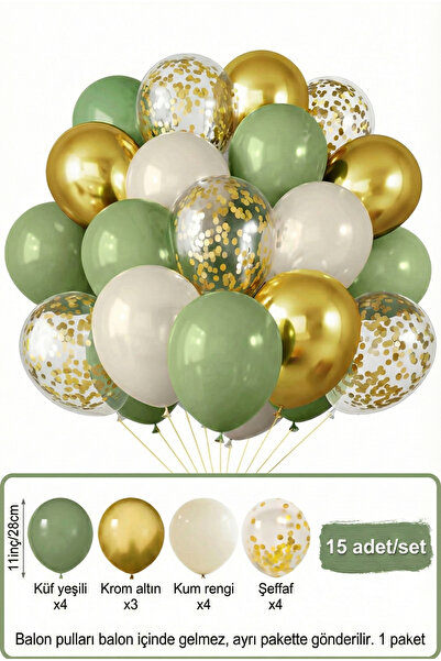 Bunloon Küf Yeşili Krom Altın Kum Rengi Konfetili Balon Seti