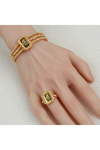 Generic أسوارة وخاتم بديل الذهب سبايك مربع لايسبب الحساسيه