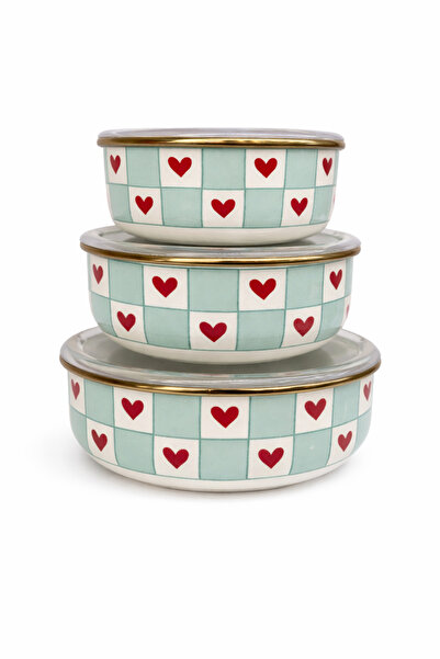 HOME SET Emaye 3’lü Saklama Kabı Seti – Cam Kapaklı