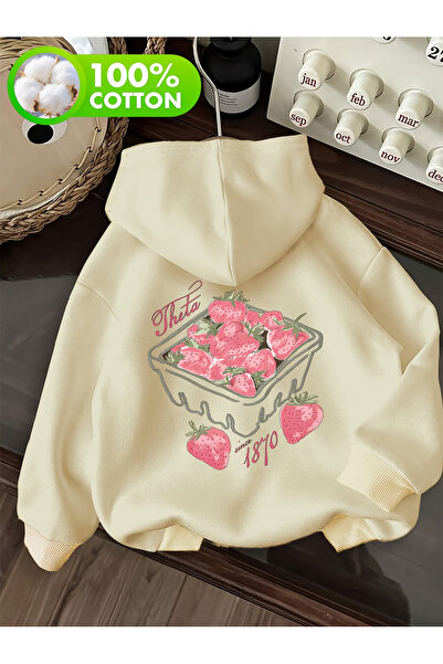 Rayan & Hoor Style Struberry Printed White Oversized Hooded Sweatshirt Hoodie