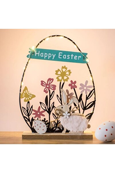 OEM Великденска декорация Дървено яйце със зайчешки цветя и LED 17x4x23см