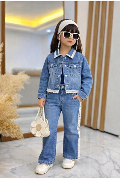 KOKOŞ BEBEK طقم جاكيت وبنطلون من الدنيم مزين بالدانتيل للفتيات، مقاس كبير، طق...