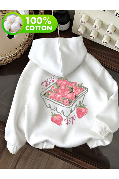 Rayan & Hoor Style Struberry Printed White Oversized Hooded Sweatshirt Hoodie