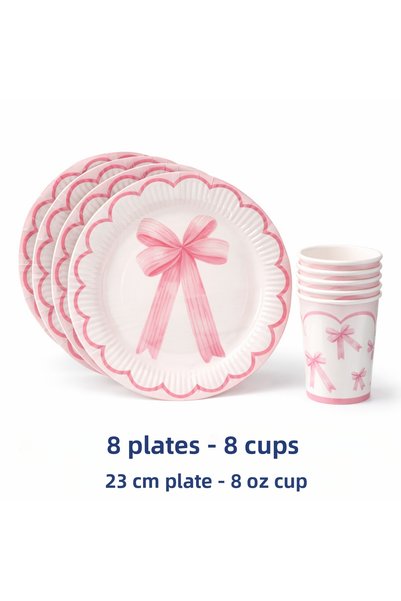Partifabrik Bow Themed Pink and White Cardboard Plate and Cup Set 8 Plates 8 Cups 23 cm