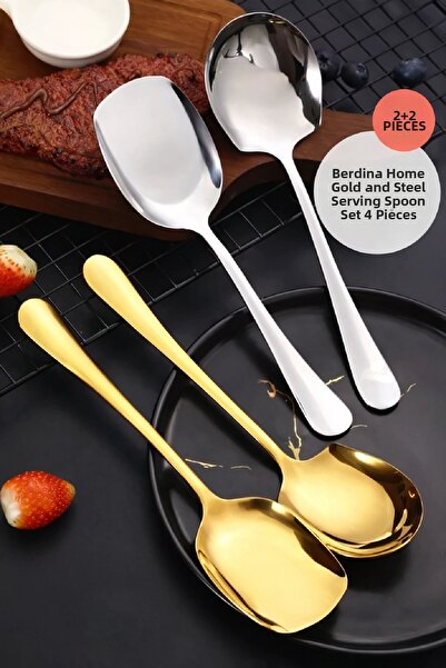 Berdina Home طقم ملاعق تقديم 2+2 ذهبي وستانلس ستيل طقم ملاعق تقديم ذهبي وفضي