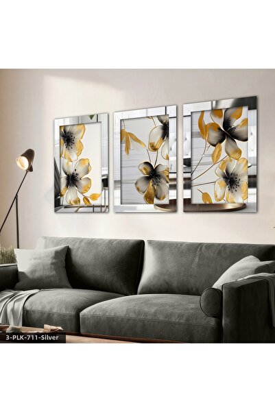 Evinemoda Tablou cu oglindă din plexiglas, cu 3 piese, cu flori negre și deta...