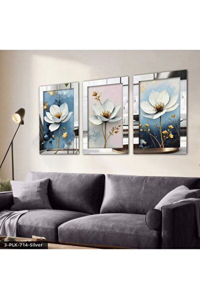 Evinemoda White Flower with Gold Leaves 3 Piece Plexiglass Mirrored Table