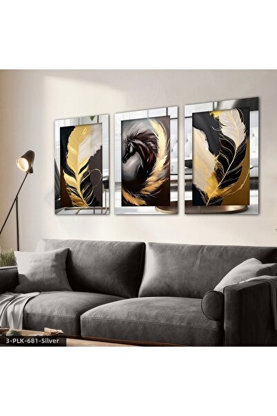 Evinemoda Black Horse and Gold Feather Tablo cu oglindă din plexiglas arginti...