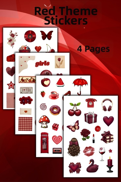 birikiyedi مجموعة ملصقات حمراء اللون مكونة من 4 قطع، ملصقات، أجندة، دفتر يومي...