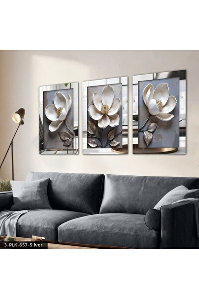 Evinemoda Tablou cu oglindă din plexiglas argintiu cu flori albe, 3 piese