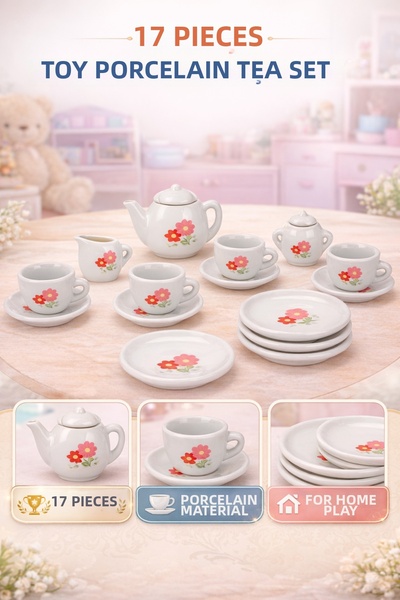 TRENDZONE Toy Dollhouse Set - Toy 17 Piece Floral Porcelain Tea Set