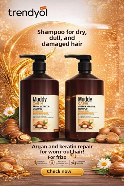 Muddy 1000 Ml 2 Pieces Cabin Argan Keratyn Shampoo - For Damaged and Lost Moi...