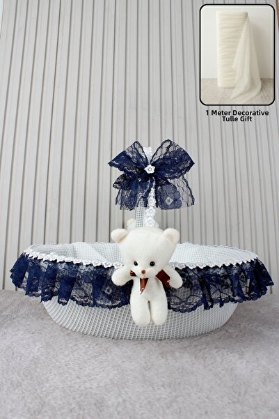 Çocuksan Baby&Kids Wear سلة أطفال من الدانتيل باللون الأزرق الداكن مع دمية دب...