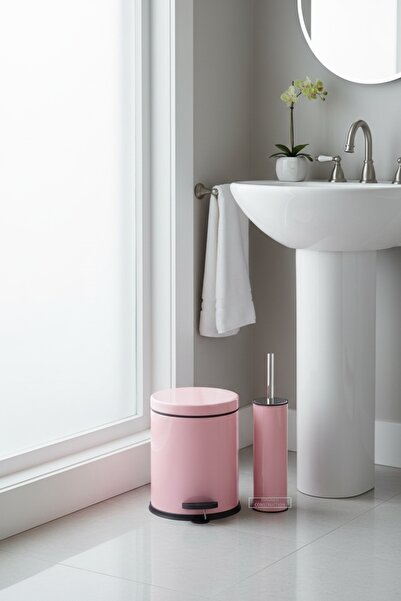 İSAOĞLU YAPI Pink Bathroom Trash Can and Toilet Brush Set Stainless Material ...