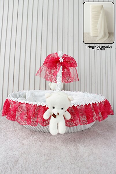 Çocuksan Baby&Kids Wear سلة أطفال من الدانتيل الفوشيا مع دمية دب - لحفلات است...