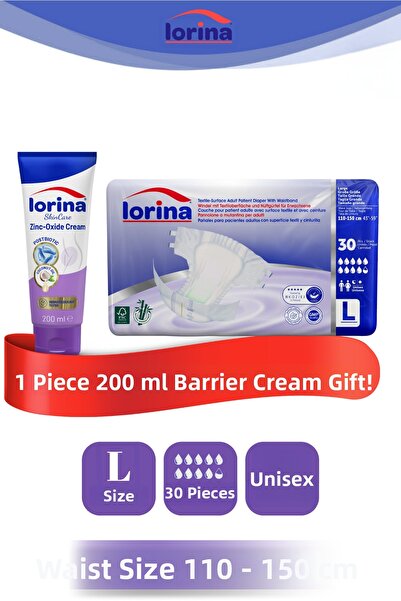 LORİNA Lorina Patient Diapers with Waist Band L 30Pcs - 200 ml Barrier Cream ...