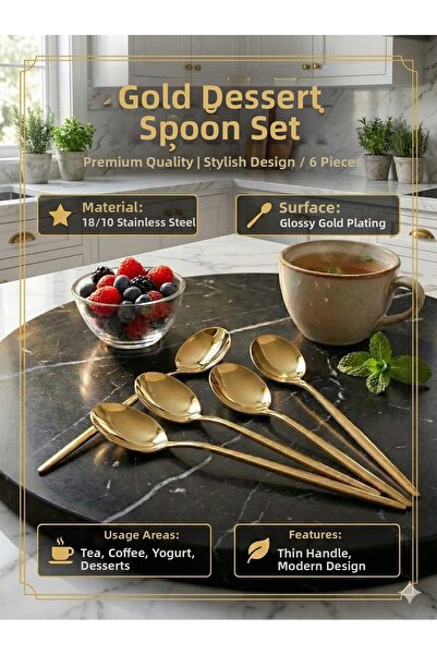 LOVYCO Luxury Gold Dessert Spoon Set 6 Pieces - Dowry Special Design Cake and...