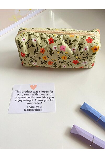 1çokşey Floral Puff Pencil Case 18X7X6 cm – Lined, Fiber, Zippered Pencil Cas...