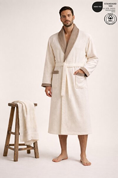 Ellaline Men's Contrast Bathrobe 100% Cotton Certified Şalyaka 2-Piece, Strip...