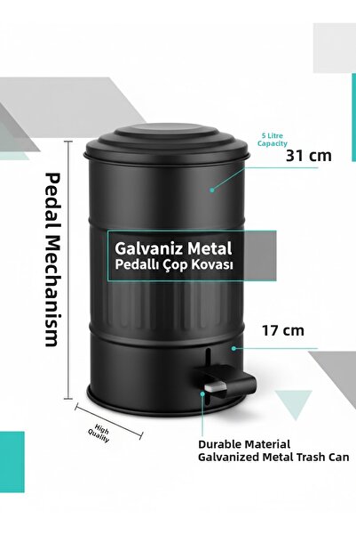 RİVO HOME DECOR The Mia Galvaniz Metal 5Lt 31X17Cm Pedal Trash Can