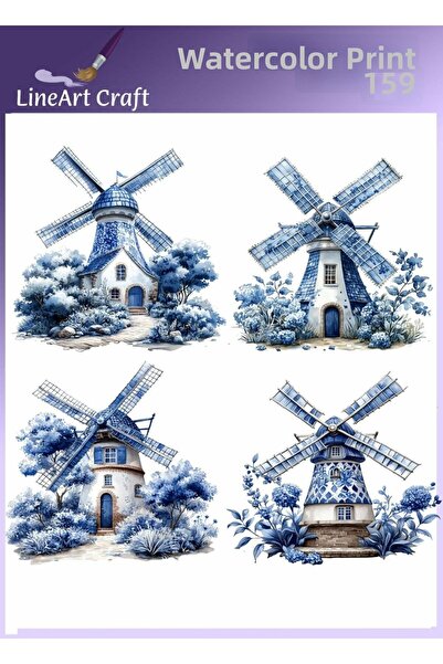 LİNEART RT 159 نقل قماش منقوش بنمط طاحونة الرياح باللونين الأزرق والأبيض، نقل...
