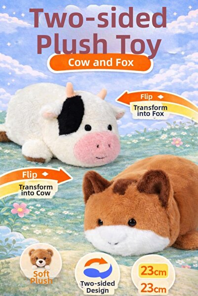 hak-iş oyuncak Convertible Double-Sided Plush Toy – Cow / Fox – 23 cm