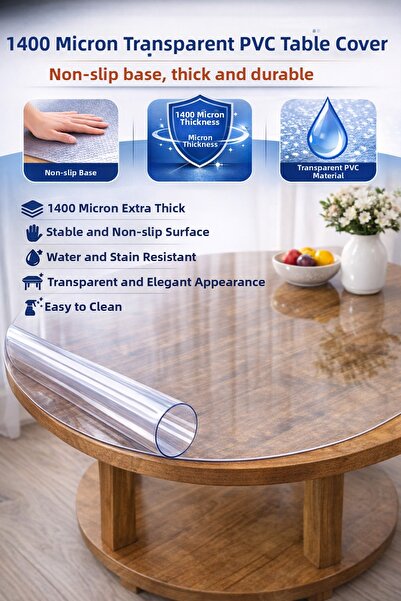 TECHTACT Pvc Transparent Thick 1.4 mm Round Tablecloth Non-Slip Base, All Siz...