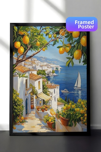 Zestia Pictură de perete înrămată în negru, peisaj mediteranean cu copac de l...