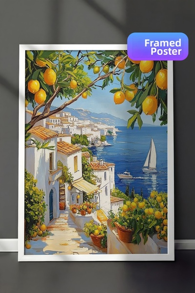 Zestia Ζωγραφική τοίχου με λευκό πλαίσιο, Μεσογειακή ακτή, Λεμονόδεντρο και θ...